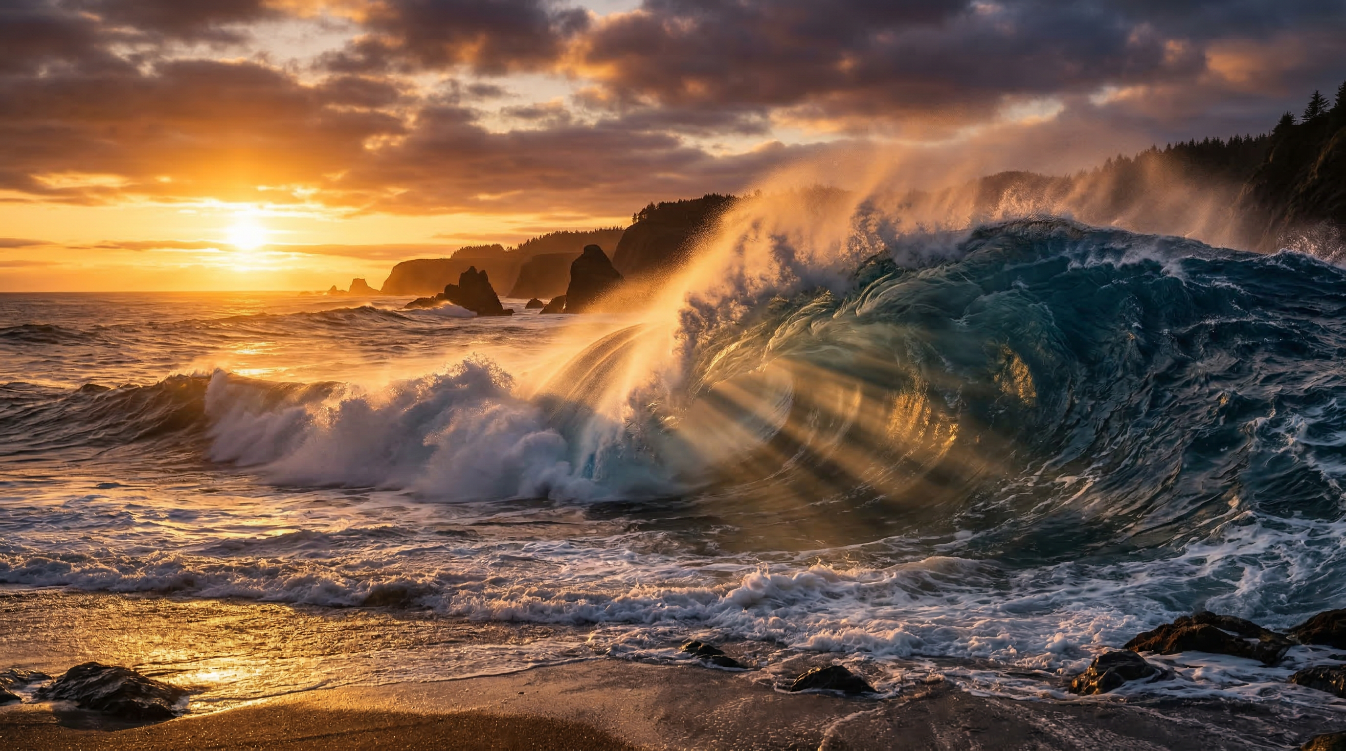 Ocean wave at sunset